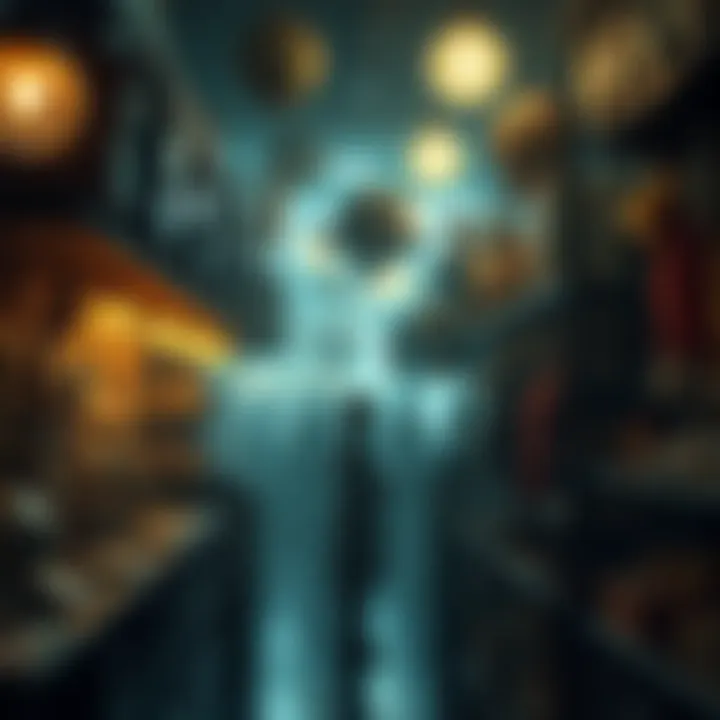A bustling store filled with odd items and eerie shadows
