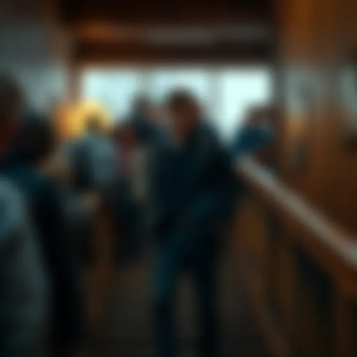 Crowded Wooden Staircase A person standing on a crowded wooden staircase, looking concerned as others ignore them, expressing a feeling of discomfort and urgency.