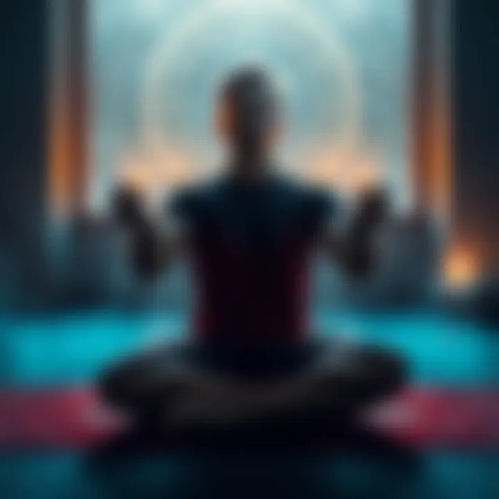 A person sitting cross-legged in a serene setting, practicing Crowley adorations with hands resting on knees, eyes closed, focusing on visualization techniques.