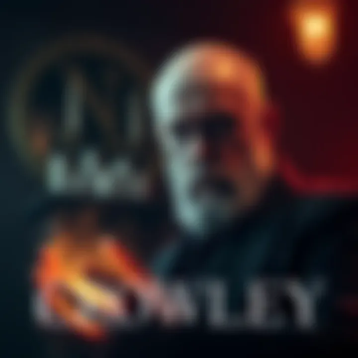 A concept art piece showing a middle-aged man resembling Aleister Crowley, directed by Robert Eggers, with Dean Norris as Crowley and a dark, atmospheric background.