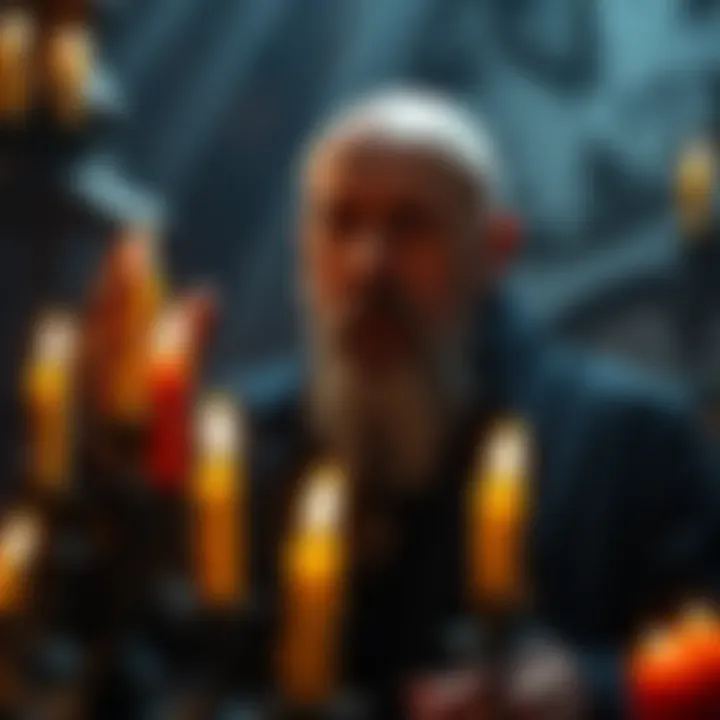 Aleister Crowley performing a ritual Aleister Crowley in the midst of a 28-day ritual, surrounded by candles and esoteric symbols, reflecting deep concentration and intensity.