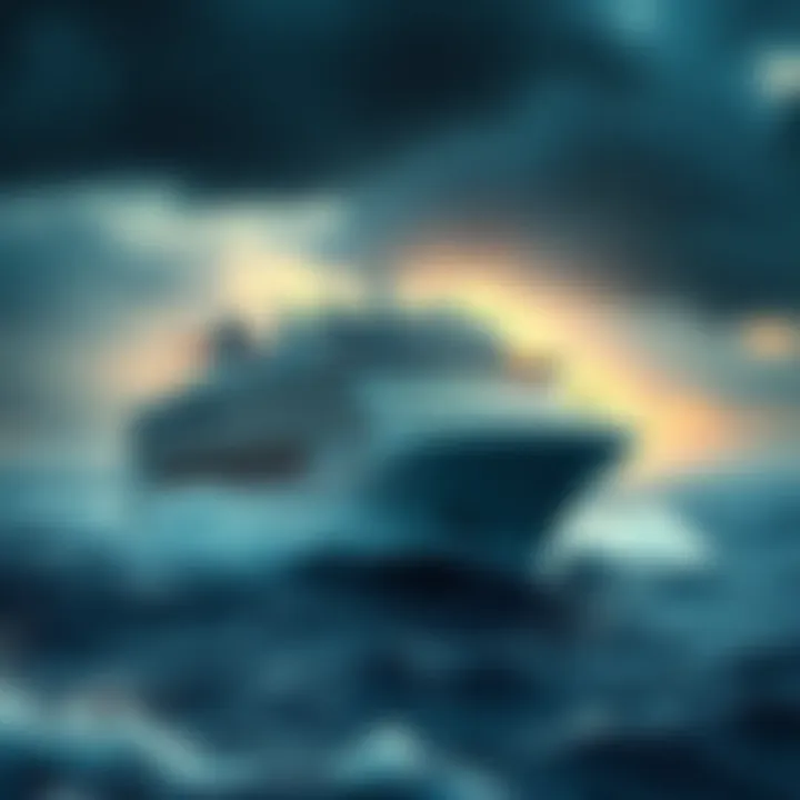 A cruise ship battling through heavy stormy waves at sea, with dark clouds overhead