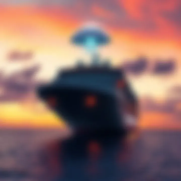 Cruise Ship with UFO Above A jellyfish-shaped UFO hovering silently over a cruise ship at sunset, with the ocean visible in the background.