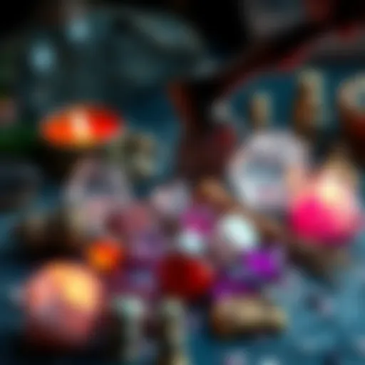 A close-up of larger crystals being smashed into smaller pieces with a hammer, surrounded by magical tools and herbs.