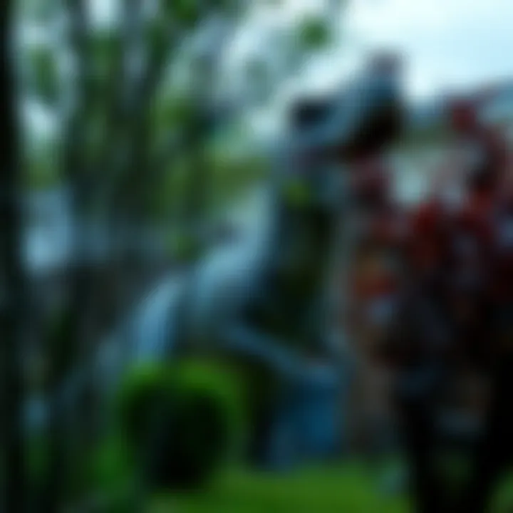 A large, dinosaur-like creature partially hidden among trees in a suburban backyard, with a curious look on its face.