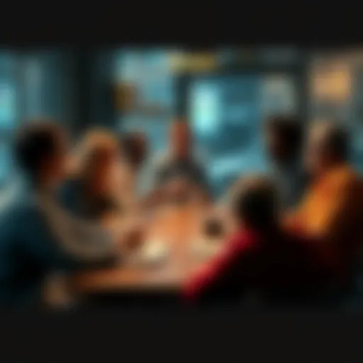 A group of people discussing their thoughts on cryptids around a table, with some holding notebooks and pens, showcasing a lively conversation