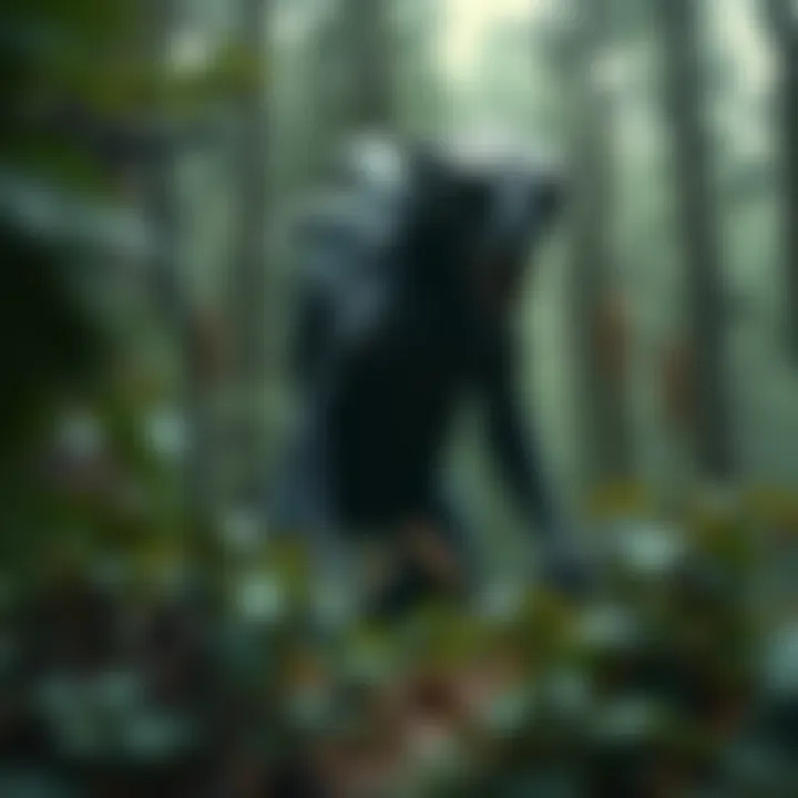 A mysterious creature resembling a large, unknown animal stands in a thick forest, partially hidden among the trees.