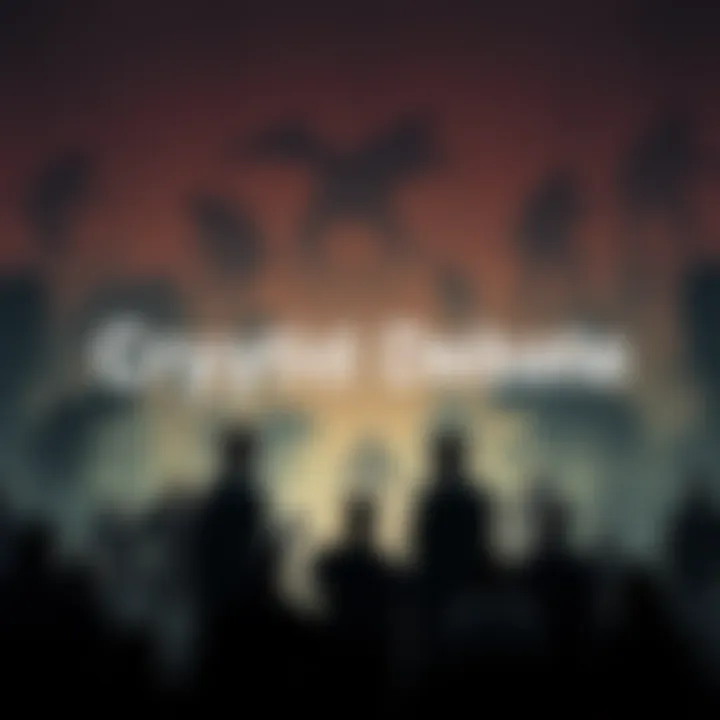 A group of people discussing and debating whether cryptids are animals or monsters, surrounded by shadows of various cryptids in the background.