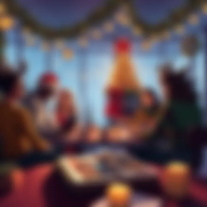 A festive gathering of people discussing the Dogman name debate, surrounded by holiday decorations and a comic displayed on a table.