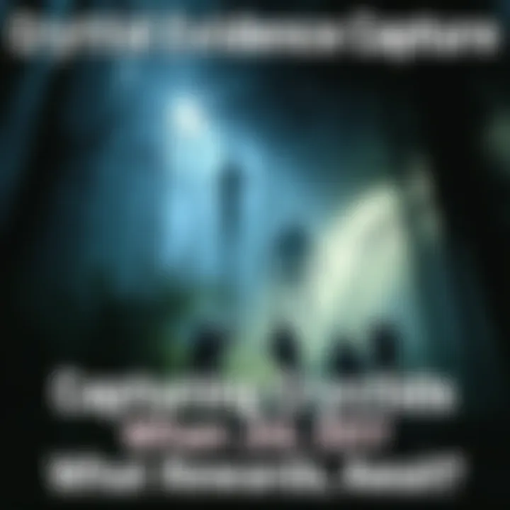 A group of people in a forest using cameras and equipment to capture evidence of cryptids, with shadows and strange shapes in the background.