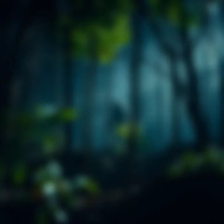 Cryptid in a forest A mysterious creature partially hidden in a dark forest, surrounded by trees and leaves, sparking curiosity about its existence.