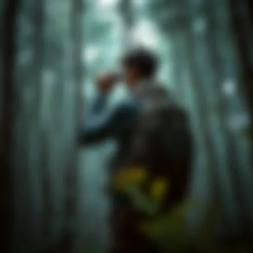 A person wearing a backpack and holding binoculars searching for cryptids in a dense forest.