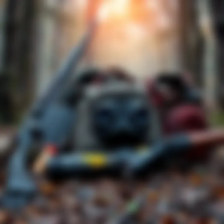 A collection of 1990s-style hunting gear including rifles, binoculars, and a backpack in a forest setting