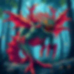 A colorful illustration of a mythical creature in a forest setting, showcasing its unique features and details.