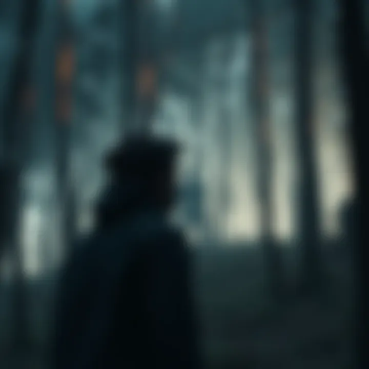 A person looking in awe at a shadowy figure between trees, suggesting a cryptid sighting.