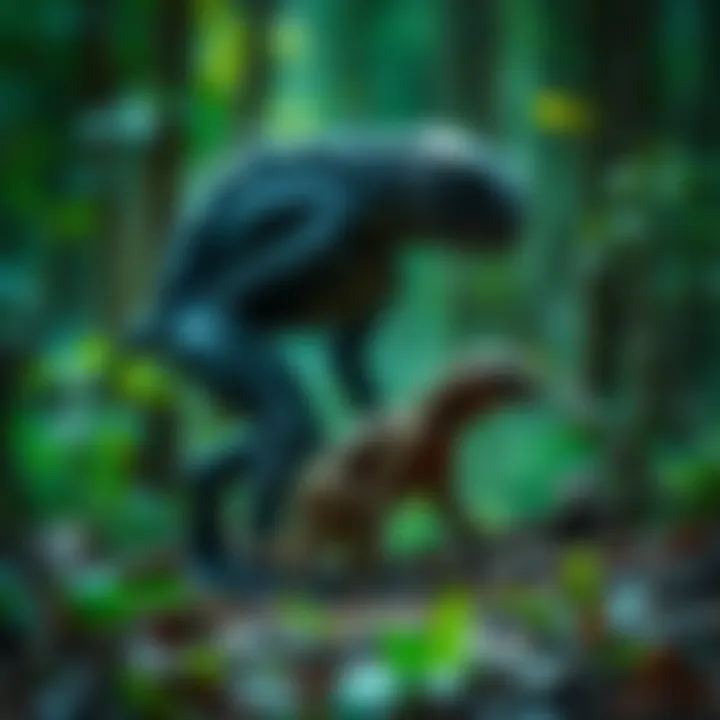 A mysterious creature resembling a cryptid stands beside its young in a forest setting.