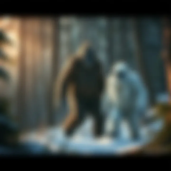 A shadowy Bigfoot and a snowy Yeti standing in a dense forest, looking curious about their surroundings.