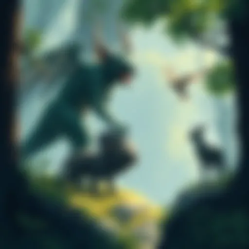 Illustration of mythical creatures like burrujor and mokele-mbembe interacting with wildlife in a lush forest setting.