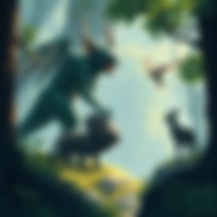 Illustration of mythical creatures like burrujor and mokele-mbembe interacting with wildlife in a lush forest setting.