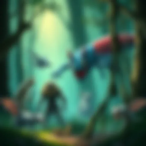Illustration of various cryptids native to Ohio, featuring the Frogman and Grassman among other legendary creatures in a wooded setting.