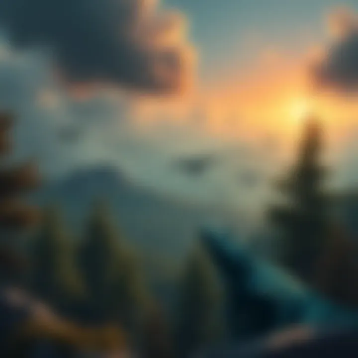 A scenic view of the Ozark Mountains with illustrations of Gravediggers and giant lizards among the trees.