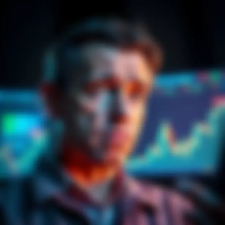 A worried investor looks at a graph showing a drop in cryptocurrency values, symbolizing fear in the market due to recent statements by Jeffrey Epstein.