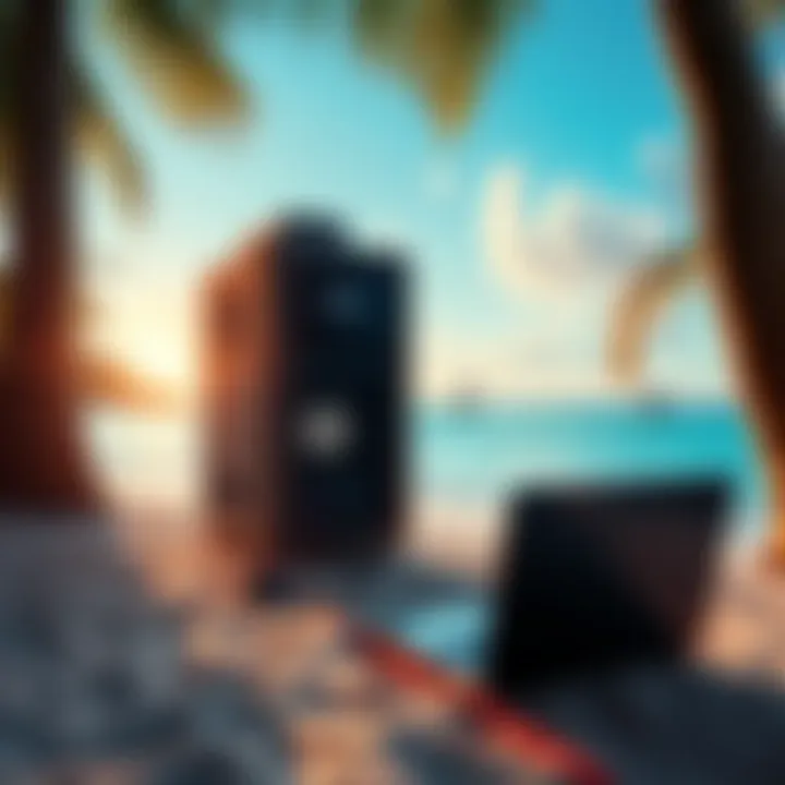Virtual Private Server in Exotic Location A virtual private server setup on a tropical beach with a laptop and bitcoin symbol, showcasing easy cryptocurrency hosting options.