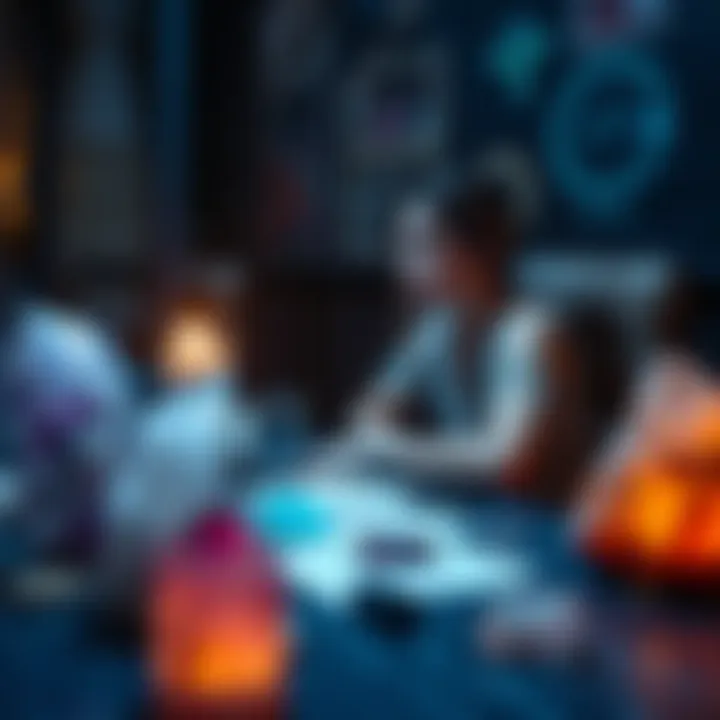 A person seated at a table, looking contemplative, surrounded by crystals and notes, seeking understanding about their identity as a crystal or indigo child.