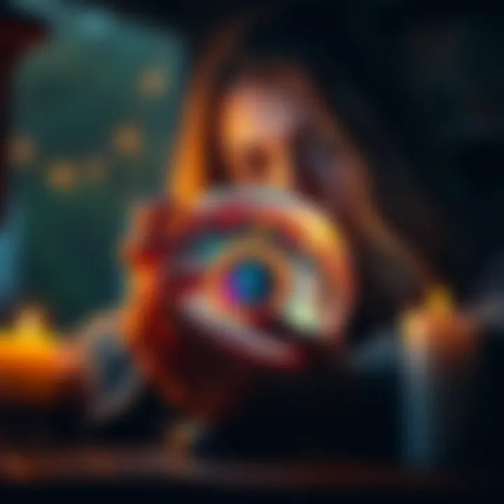 A person gazes into a crystal ball, contemplating visions and insights, surrounded by candles and tarot cards.