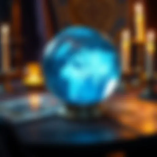 A crystal ball placed on a table surrounded by tarot cards and candles, hinting at divination practices in spellcasting.
