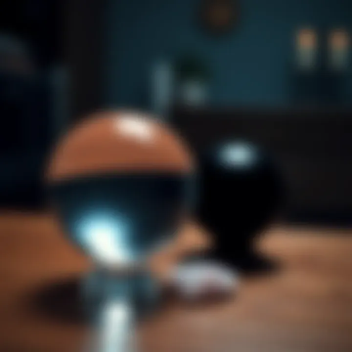 A clear crystal ball and a black crystal ball placed on a wooden table with soft lighting