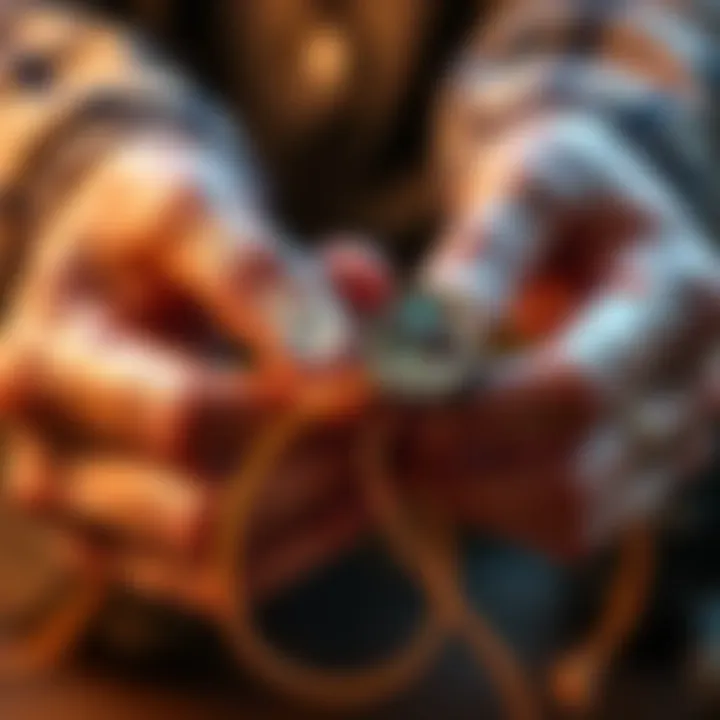 A close-up of hands assembling crystal bracelets using waxed cord, showcasing the natural vine-like design.
