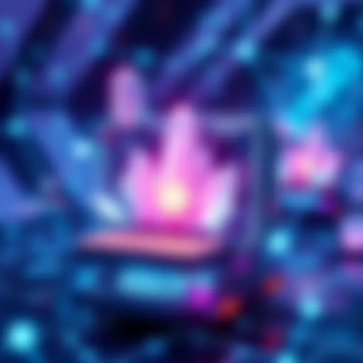 A futuristic device combining crystals and technology, resembling a computer with glowing elements and an ethereal design.