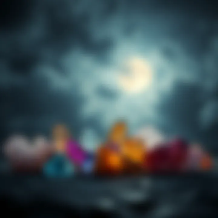 A collection of colorful crystals placed on a dark surface with a faint full moon glowing behind overcast clouds