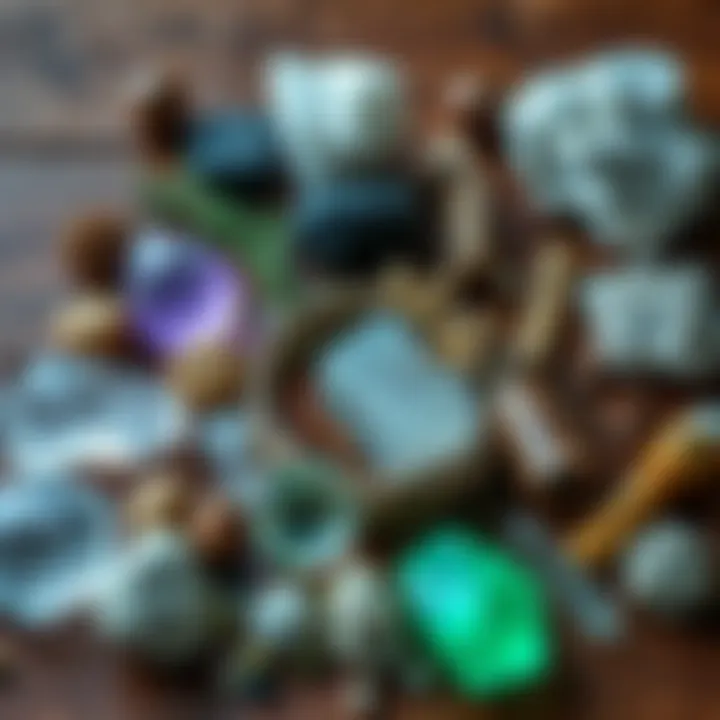 A collection of various crystals and herbs arranged on a wooden surface, ready for use in spiritual practices.