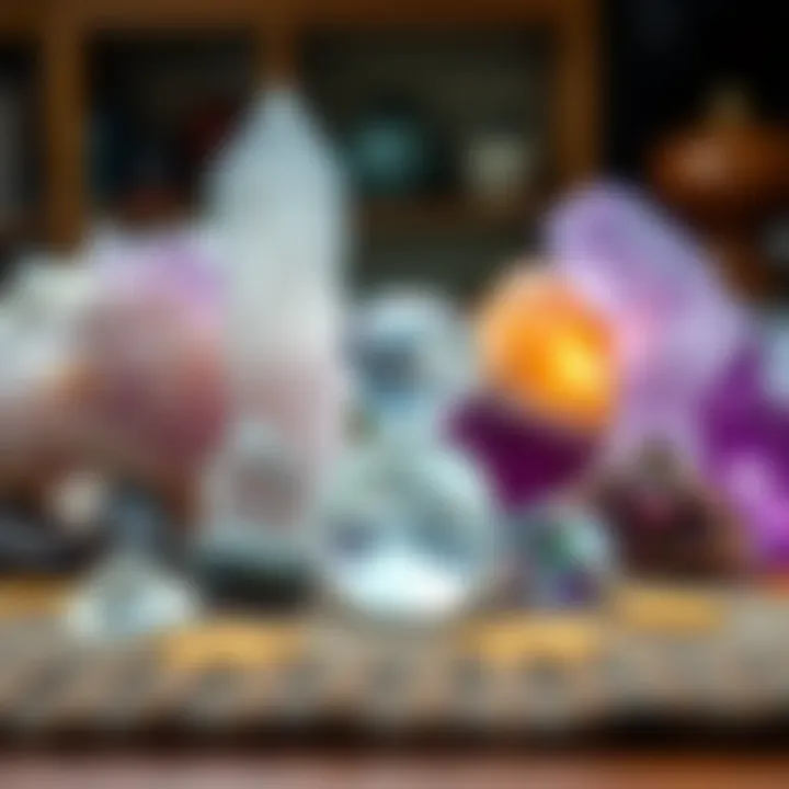 A variety of crystals including clear quartz, amethyst, and tourmaline arranged on a table, ready for spell work.