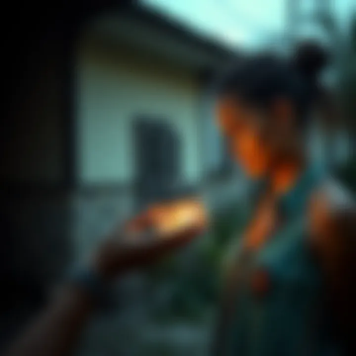 A Cuban woman looks at a curious object linked to Santeria, concerned about its significance, standing outside her grandparents' house.