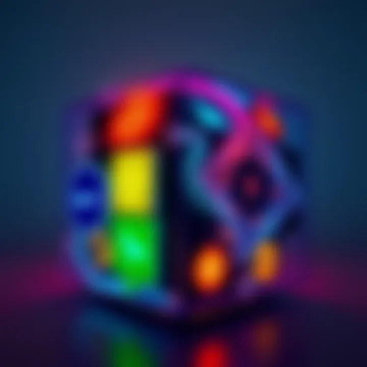 A 3D cube with various colors and symbols on each side, depicting emotions and thoughts influenced by life's pressures.