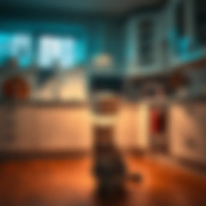 A mysterious cube appears on a kitchen counter while a cat named Tiger watches anxiously from the floor.