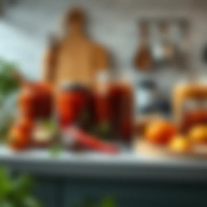 A vibrant kitchen scene with sauces in various jars, fresh ingredients, and a hint of mystical elements inspired by Hekate, showcasing culinary creativity.
