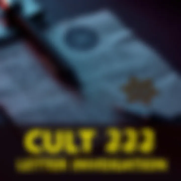A close-up of a handwritten letter with ominous symbols, hinting at connections to Cult 222 and crime