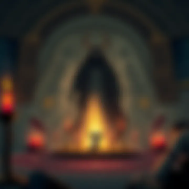 An illustration depicting a shadowy figure performing a secret ritual surrounded by ancient symbols, representing the hidden influence of the Cult of Baal in modern power