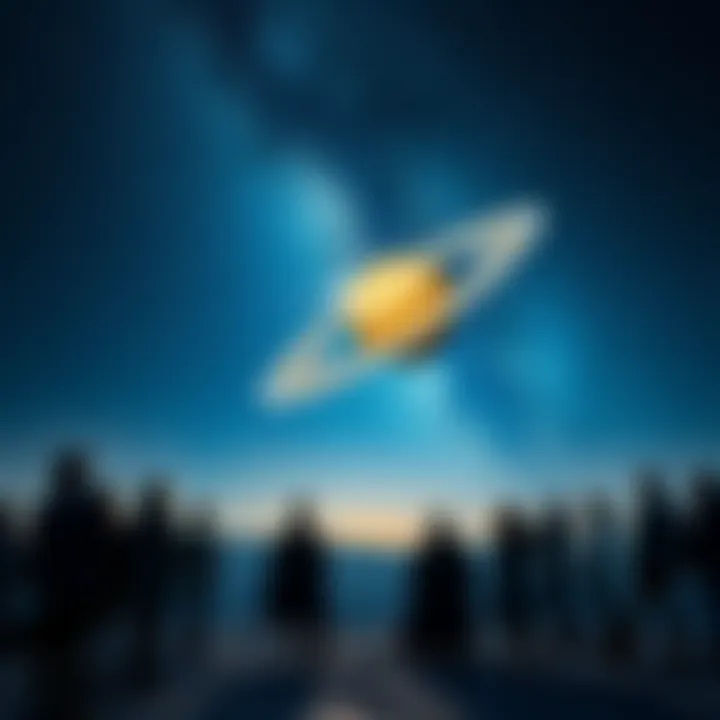 A group of people engaged in a discussion under a starry sky, representing the Cult of Saturn and their quest for knowledge.