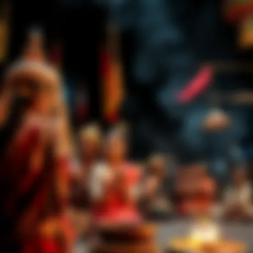 A diverse group of people engaging in traditional rituals, showcasing various cultural practices and symbols.