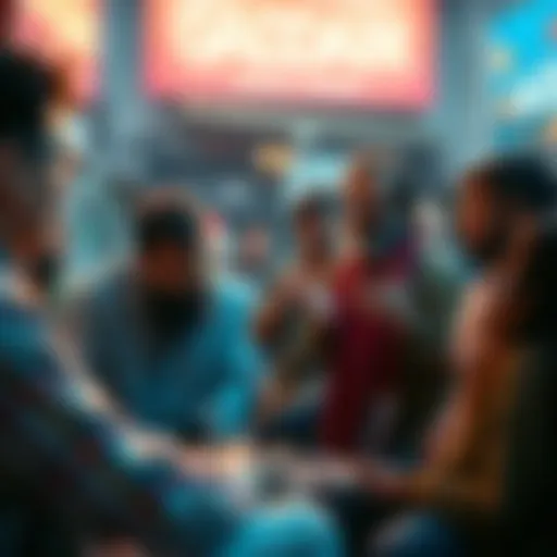 A group of people discussing Gaddamamn in a lively setting, reflecting on its cultural significance, with expressive gesturing and engaged expressions.