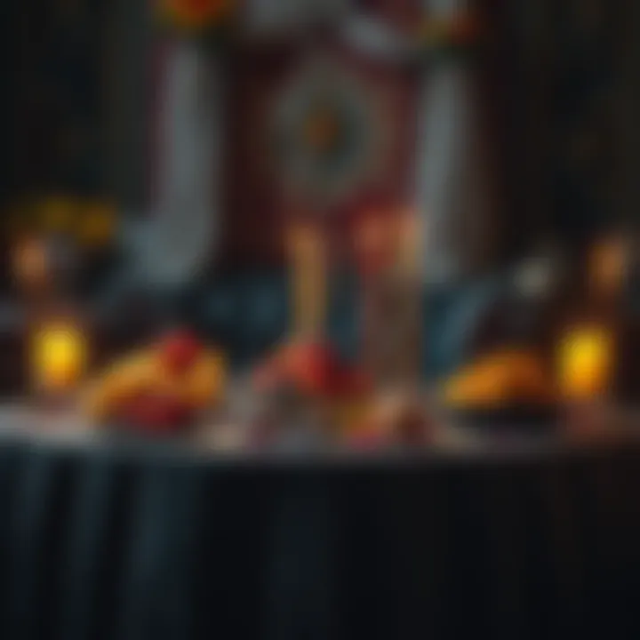 A table displaying various offerings like fruits and candles, symbolizing cultural rituals and sacrifices.