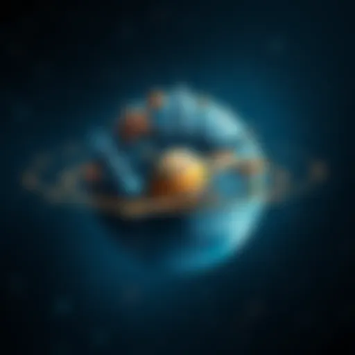 Various cultural symbols representing beliefs in an electromagnetic influence on thoughts, arranged on a globe.