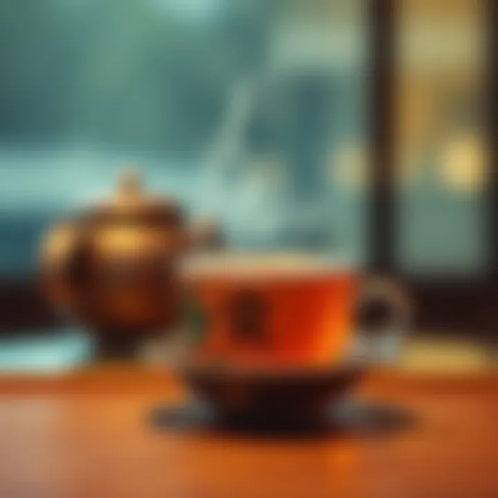 A cup of Dofotea tea on a table with steam rising