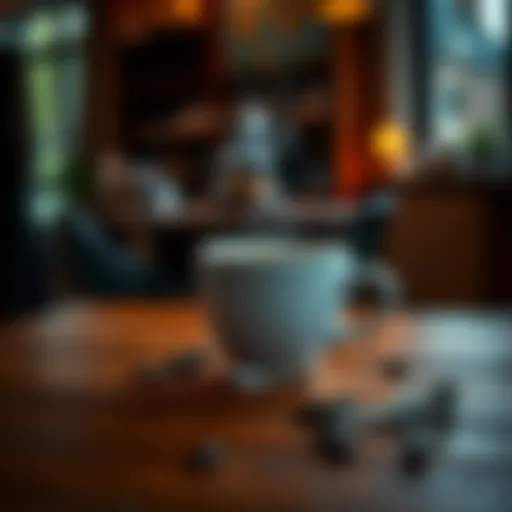 A steaming cup of coffee on a wooden table with a cozy background