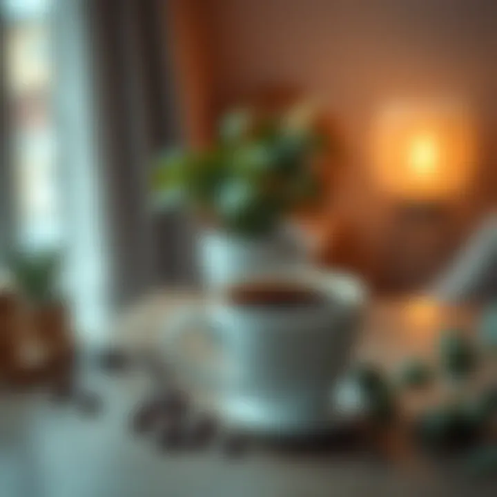 A steaming cup of coffee on a table surrounded by calming elements like plants and soft lighting, illustrating the connection between caffeine and emotional states.